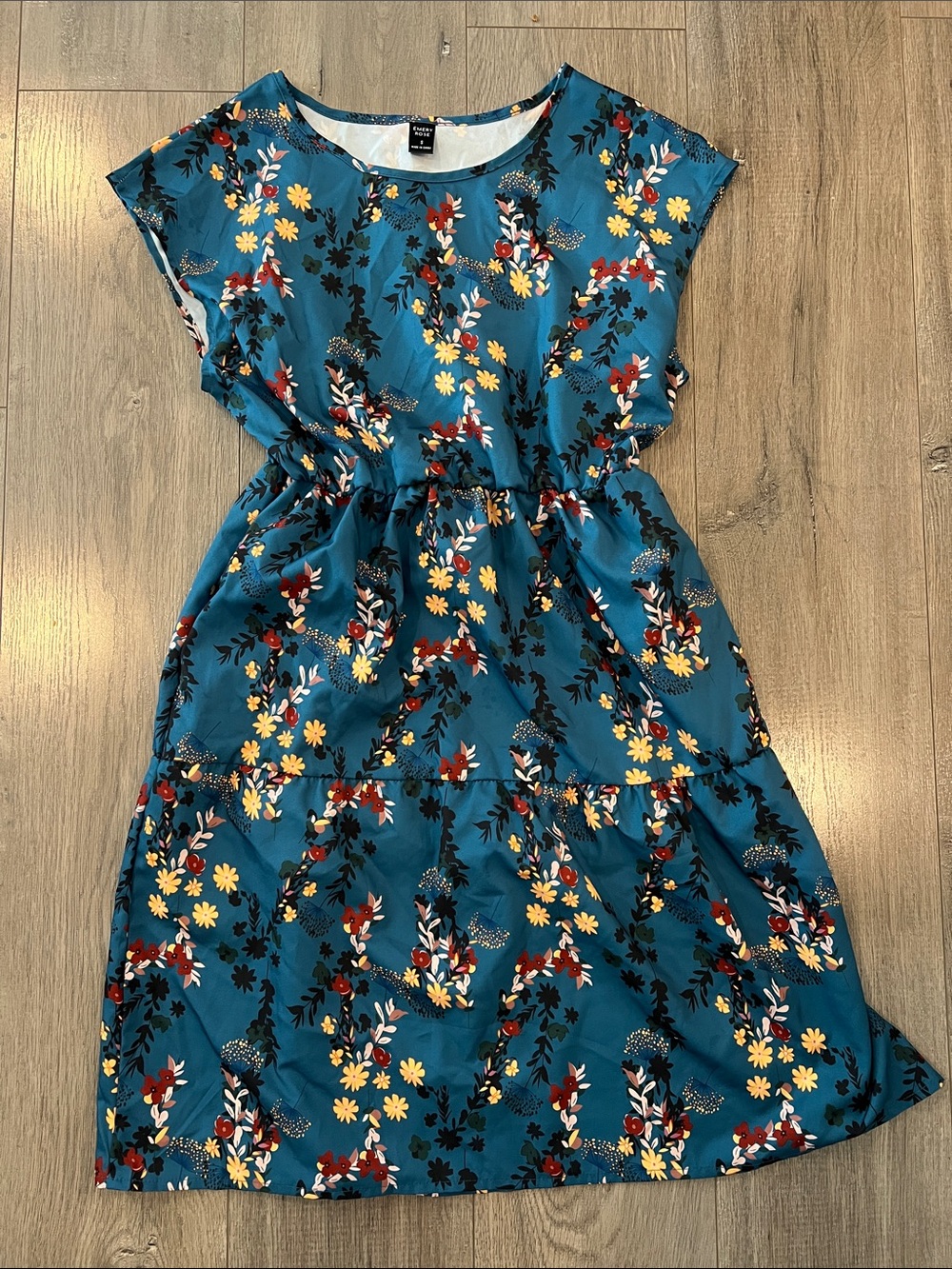 Women’s Teal Floral Casual Tiered Dress with Elastic Waist